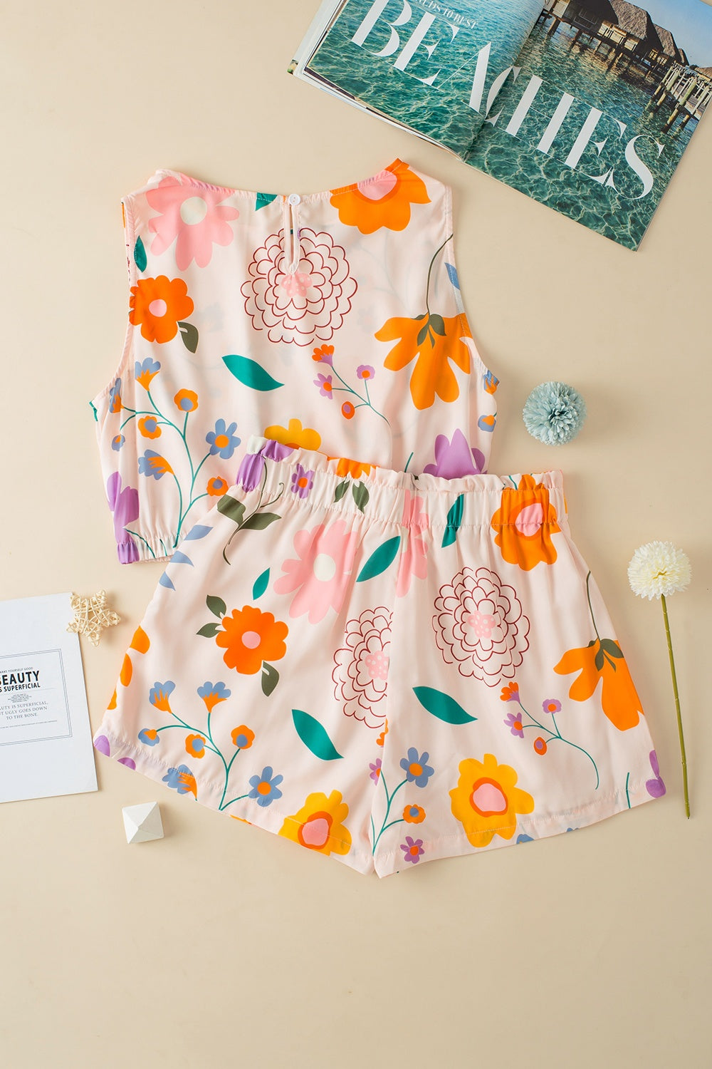 Set - Printed Sleeveless Top and Shorts