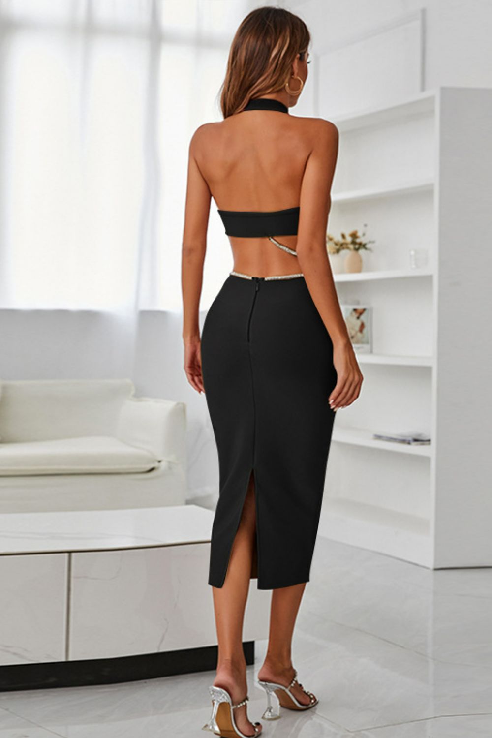 Dress - Rhinestone Halter Neck Cutout Slit Midi