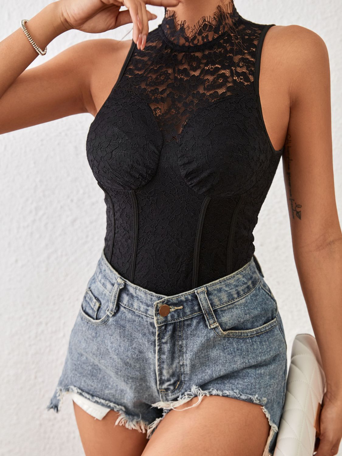 Bodysuit - Perfee Mock Neck Sleeveless Lace