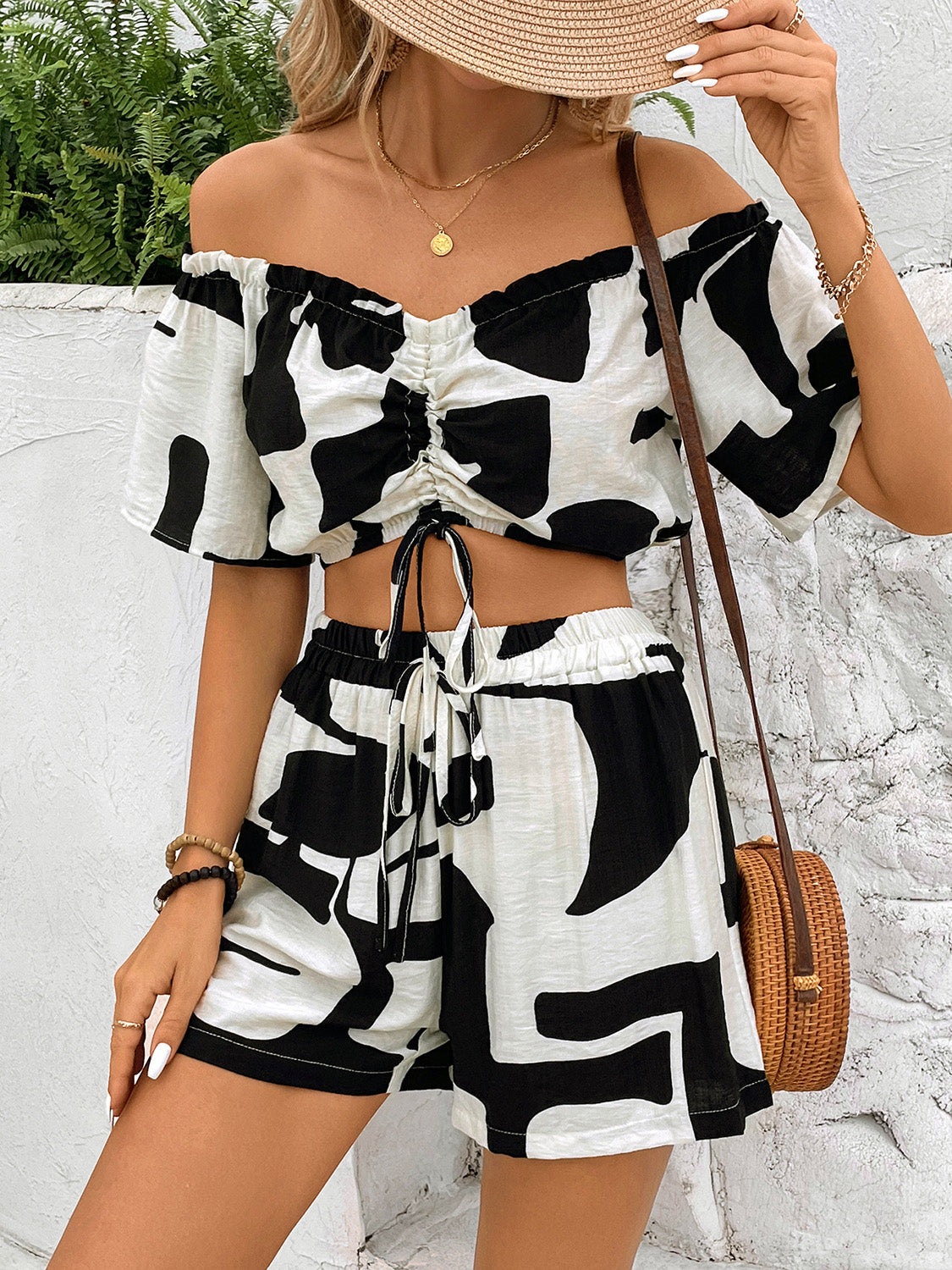 Set - Perfee - Off-Shoulder Top and Shorts