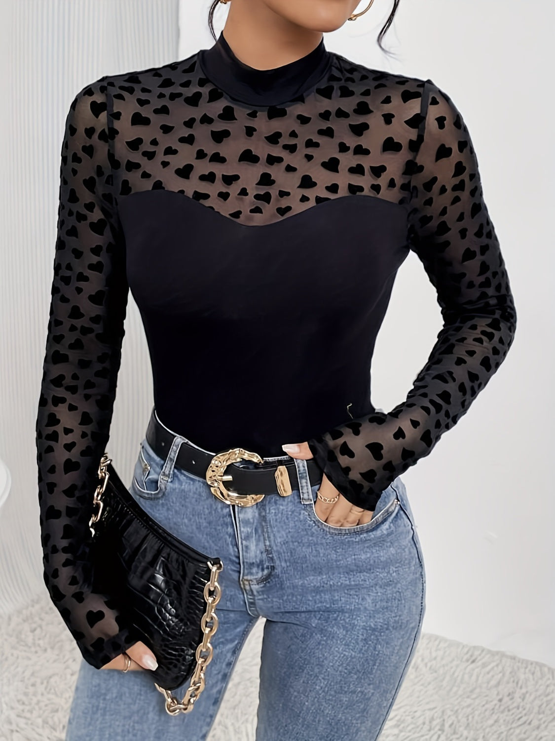 Shirt - Heart Mock Neck Long Sleeve