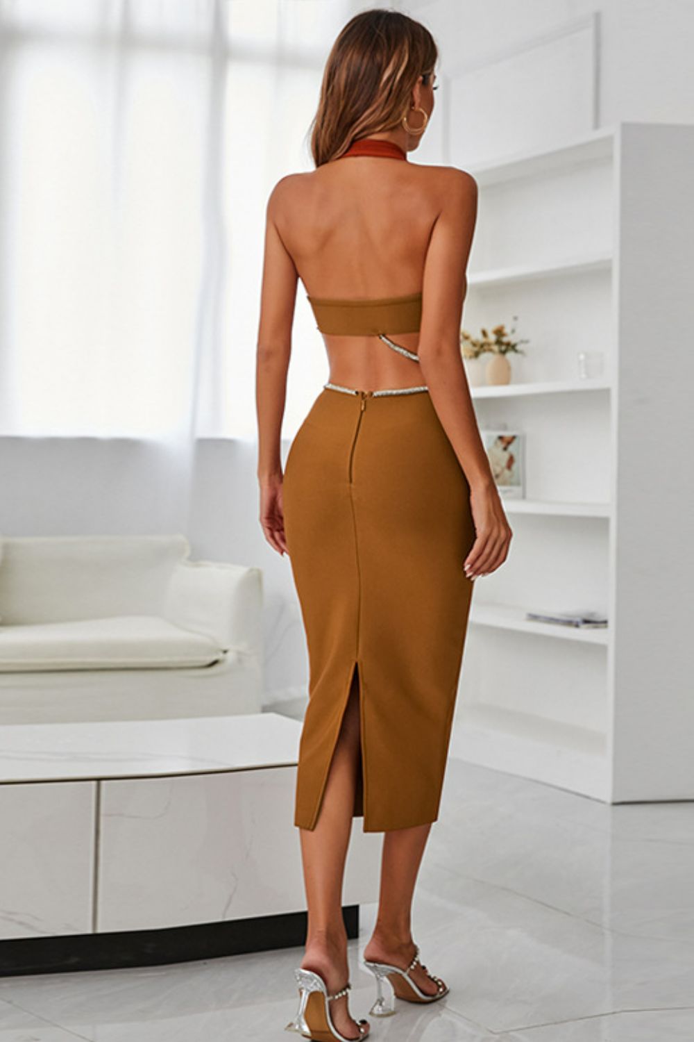 Dress - Rhinestone Halter Neck Cutout Slit Midi