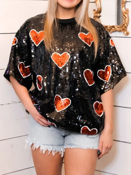 Valentine’s Day - Sequin Heart Round Neck Half Sleeve Top