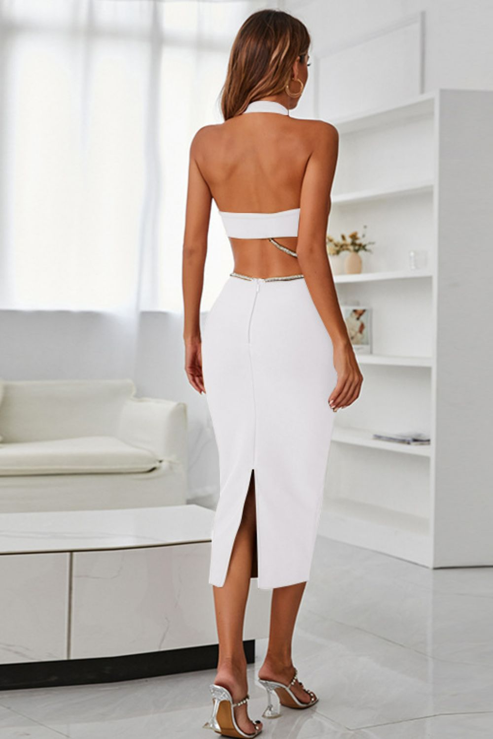Dress - Rhinestone Halter Neck Cutout Slit Midi
