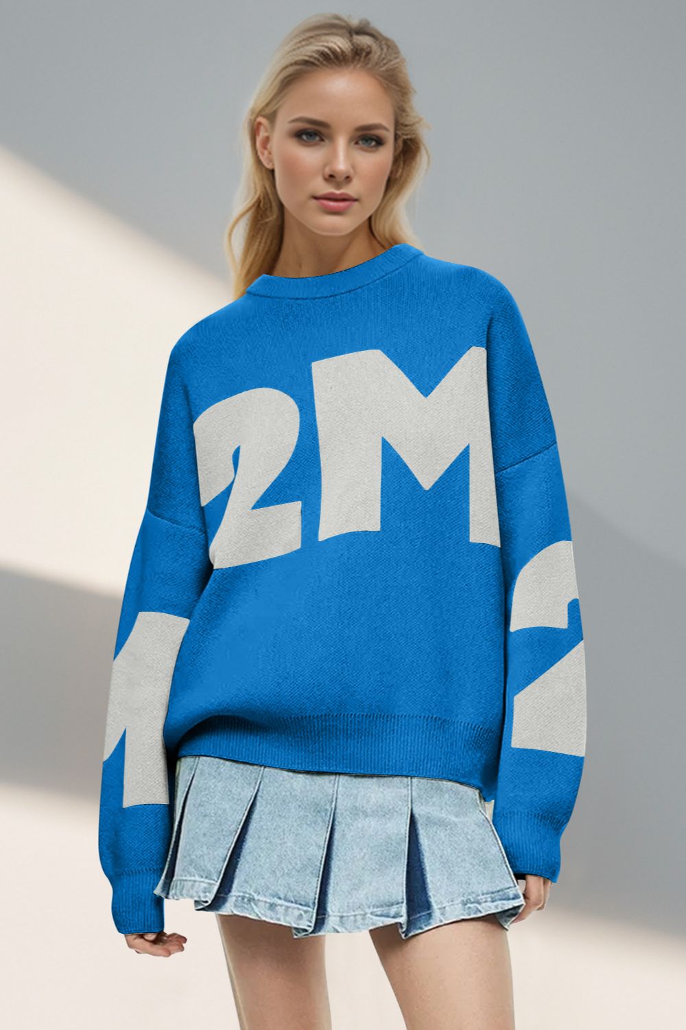 Bae - Contrast Letter Round Neck Long Sleeve Sweater