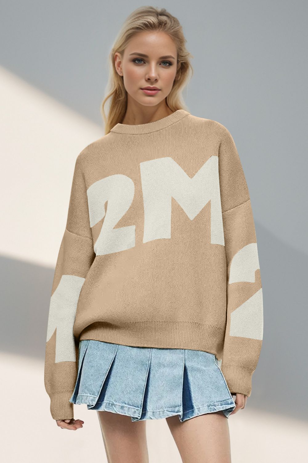 Bae - Contrast Letter Round Neck Long Sleeve Sweater