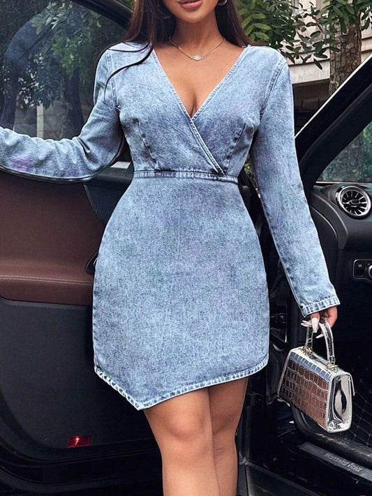 Denim - Surplice Long Sleeve Dress