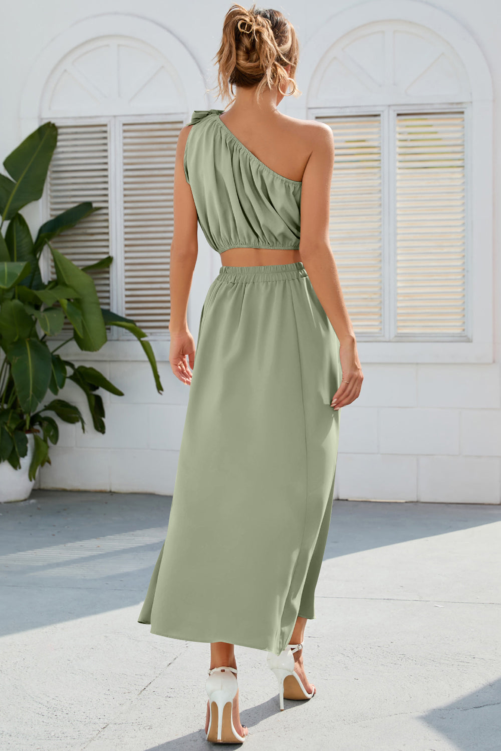Set - One Shoulder Top and Slit Skirt