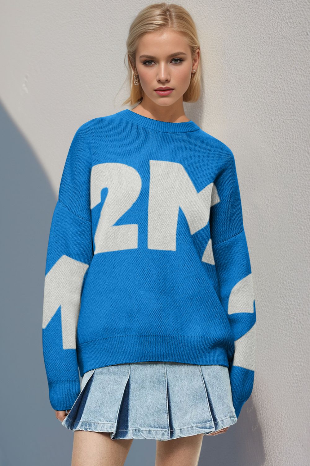 Bae - Contrast Letter Round Neck Long Sleeve Sweater