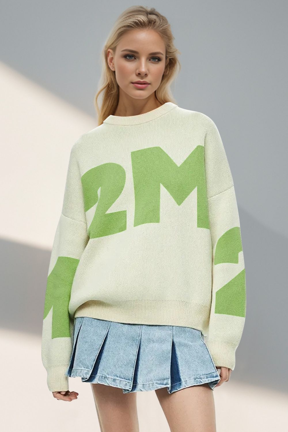 Bae - Contrast Letter Round Neck Long Sleeve Sweater