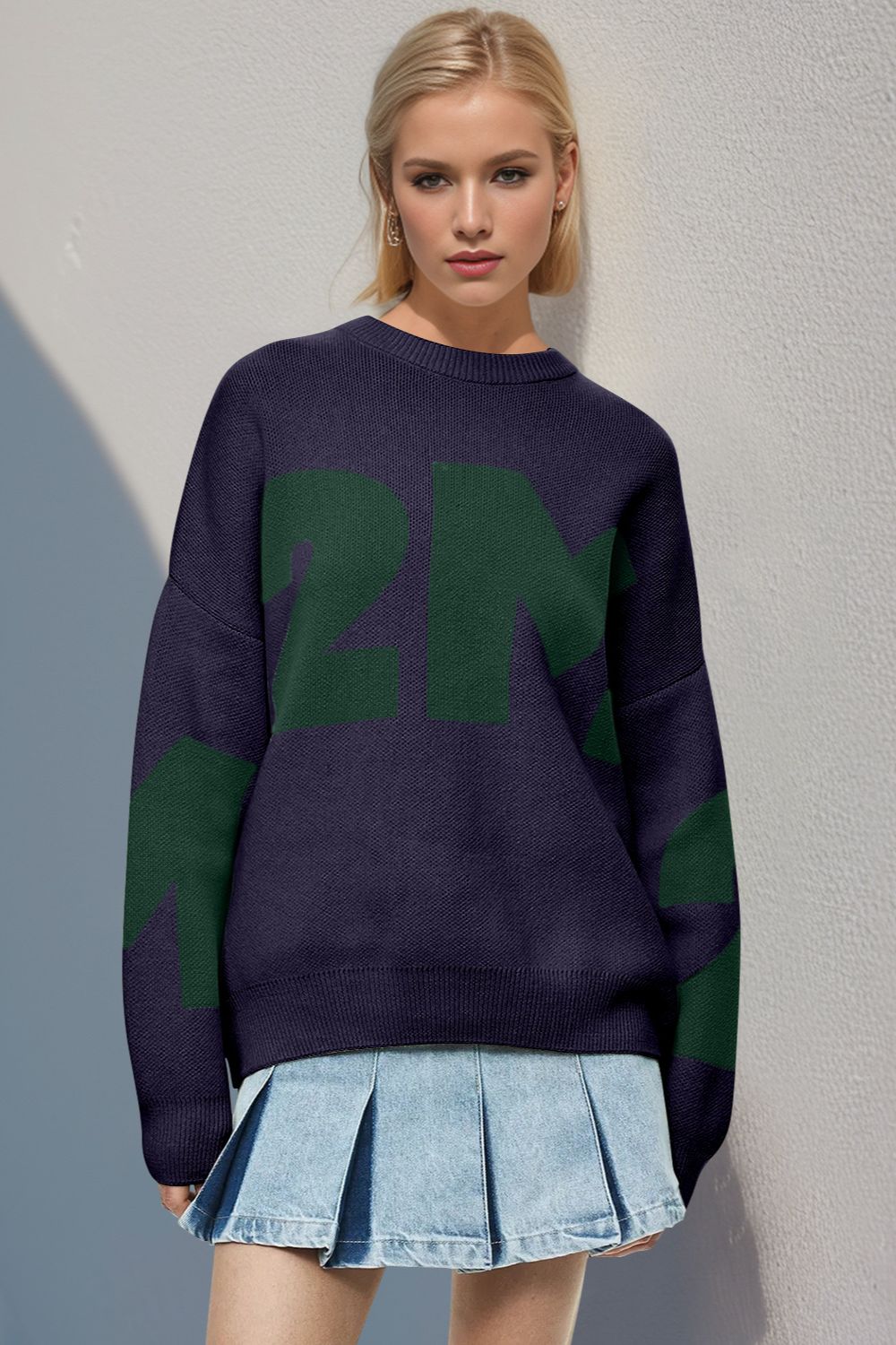 Bae - Contrast Letter Round Neck Long Sleeve Sweater