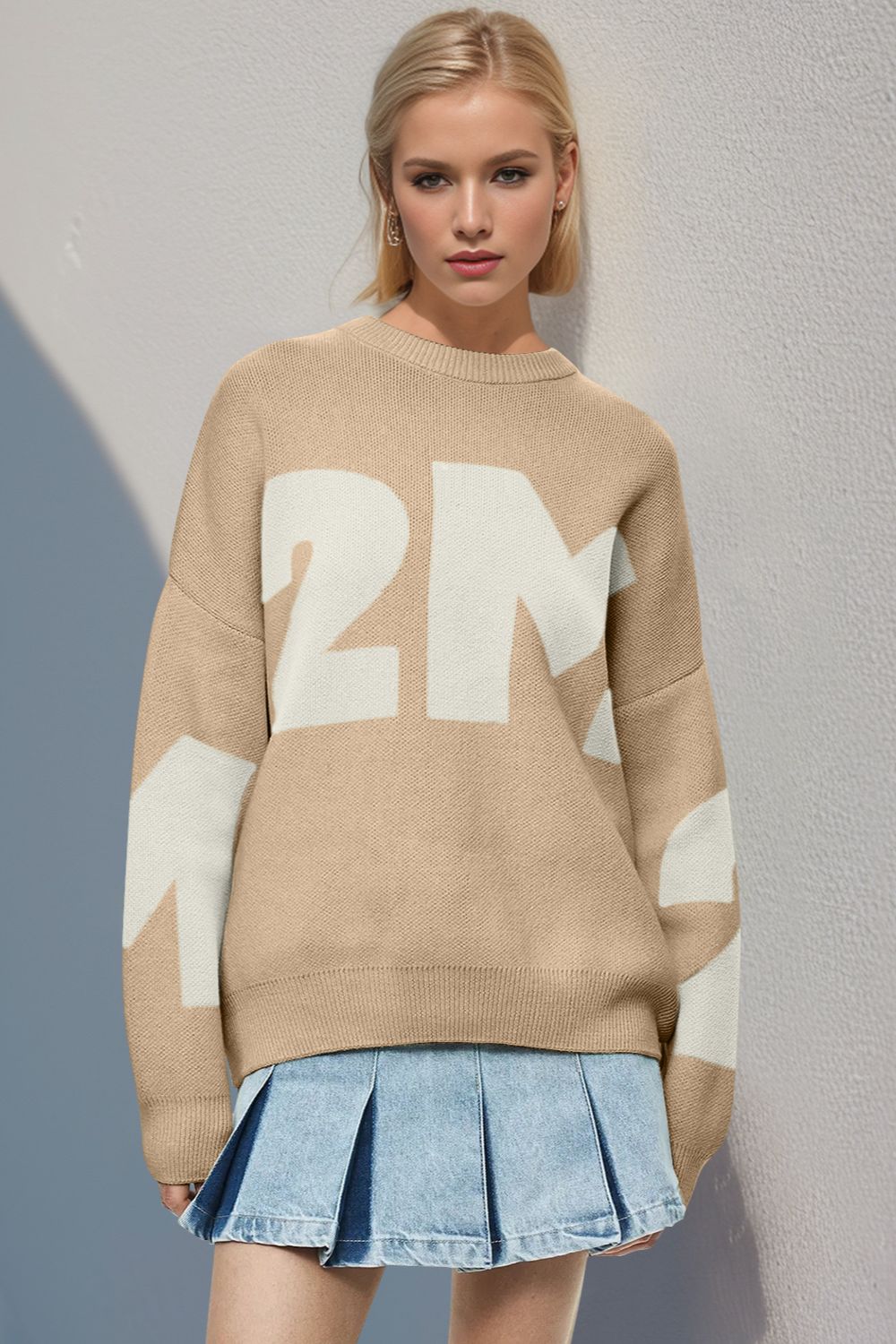 Bae - Contrast Letter Round Neck Long Sleeve Sweater